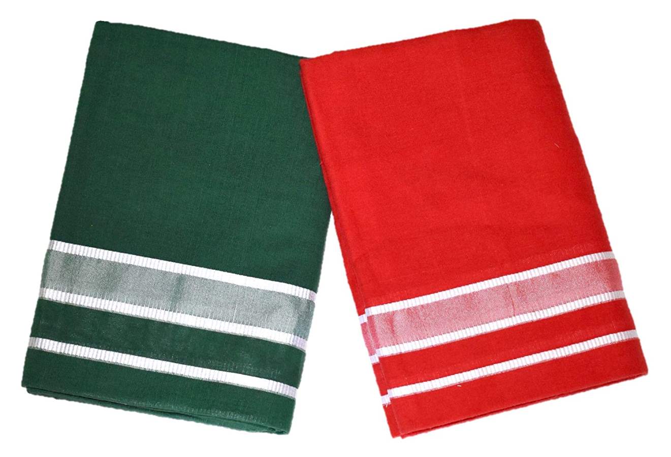 Buy Trinity Fashions IXORA Kerala Premam Colour Dhotis Cotton (Dark Green and Red)