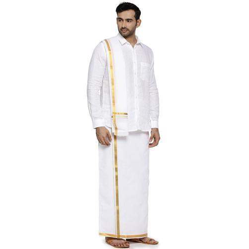 Buy Ramraj Readymade Dhoti + Shirt Bit + Towel Set White with Gold Jari Utsava online United States of America [ USA ] 