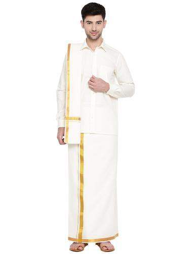 Buy Ramraj Readymade Dhoti + Shirt Bit + Towel Set Cream with Gold Jari Vardhan online usa [ USA ] 