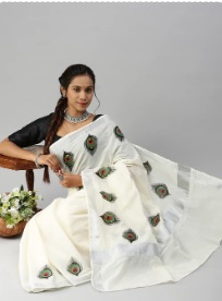 Buy Ramraj Womens Off White Kerala Peacock Feather Design Printed Saree Silver Border online usa [ USA ] 